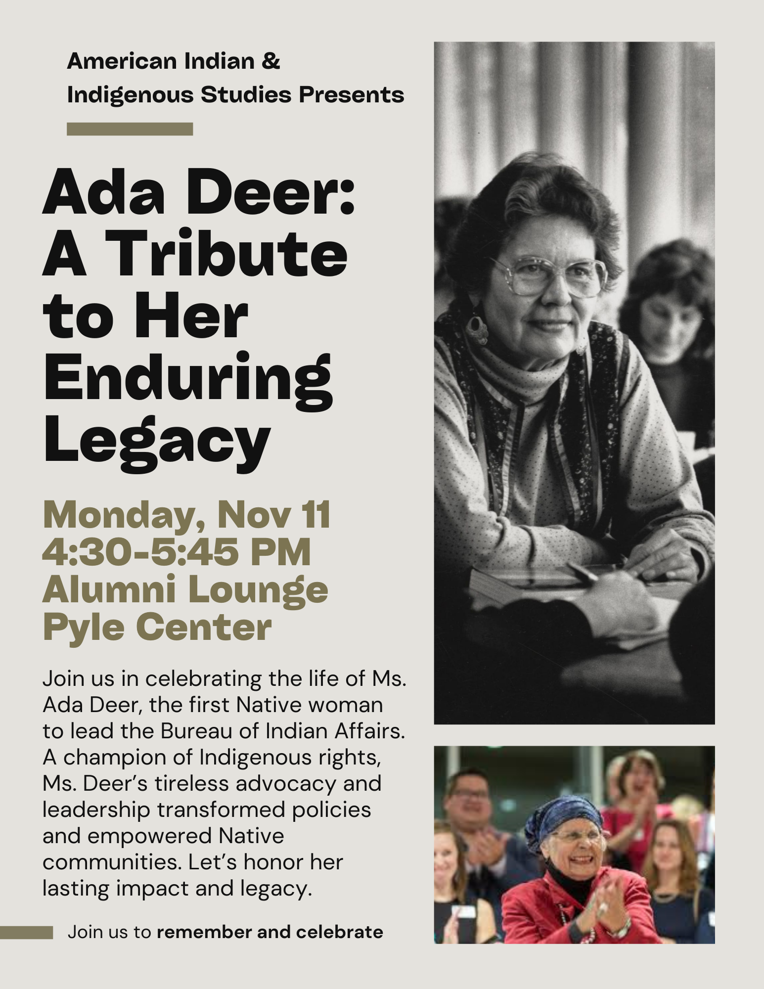 Poster for Ada Deer: A Tribute to Her Enduring Legacy Poster with date and photos of Ada Deer