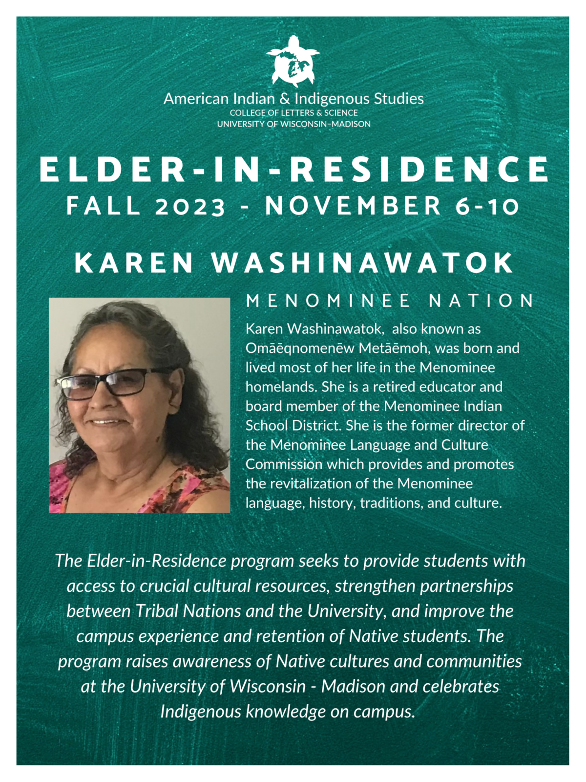 Spring 2025 Poster - EIR Karen washinawatok with bio