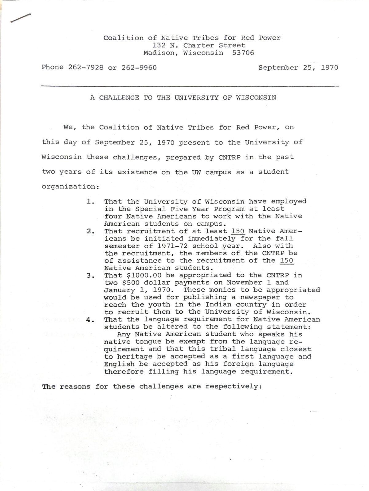 The first page of the CNTRP’s Four Challenges to the University.
The document contains four items which Native students felt was crucial to their success on campus.