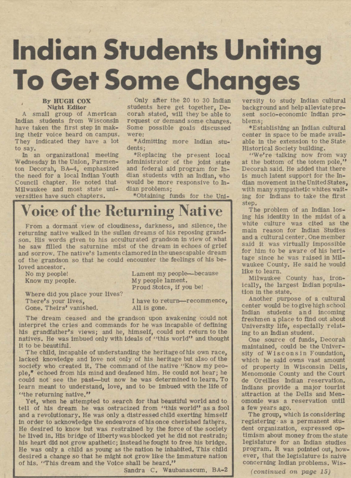 Newspaper clipping: The Daily Cardinal, Feb 21, 1969 describes the early efforts of Native students to organize at UW-Madison
