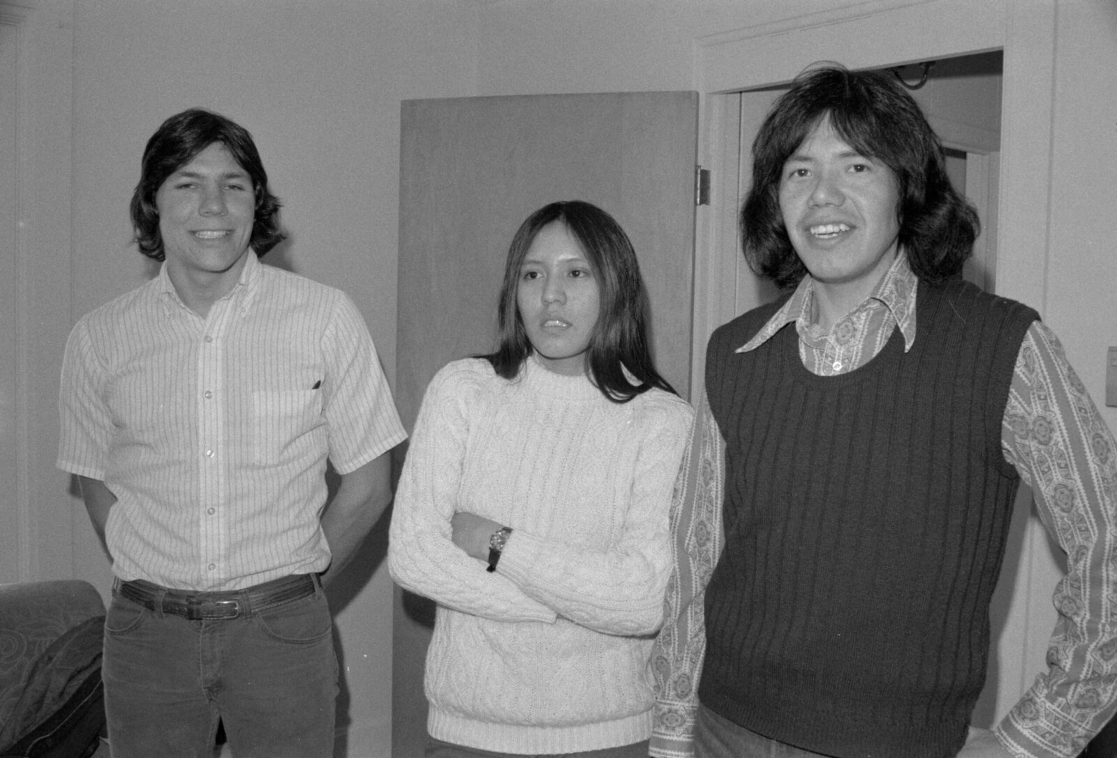 Three Native Students in 1972 black and white photo of two men and one woman.